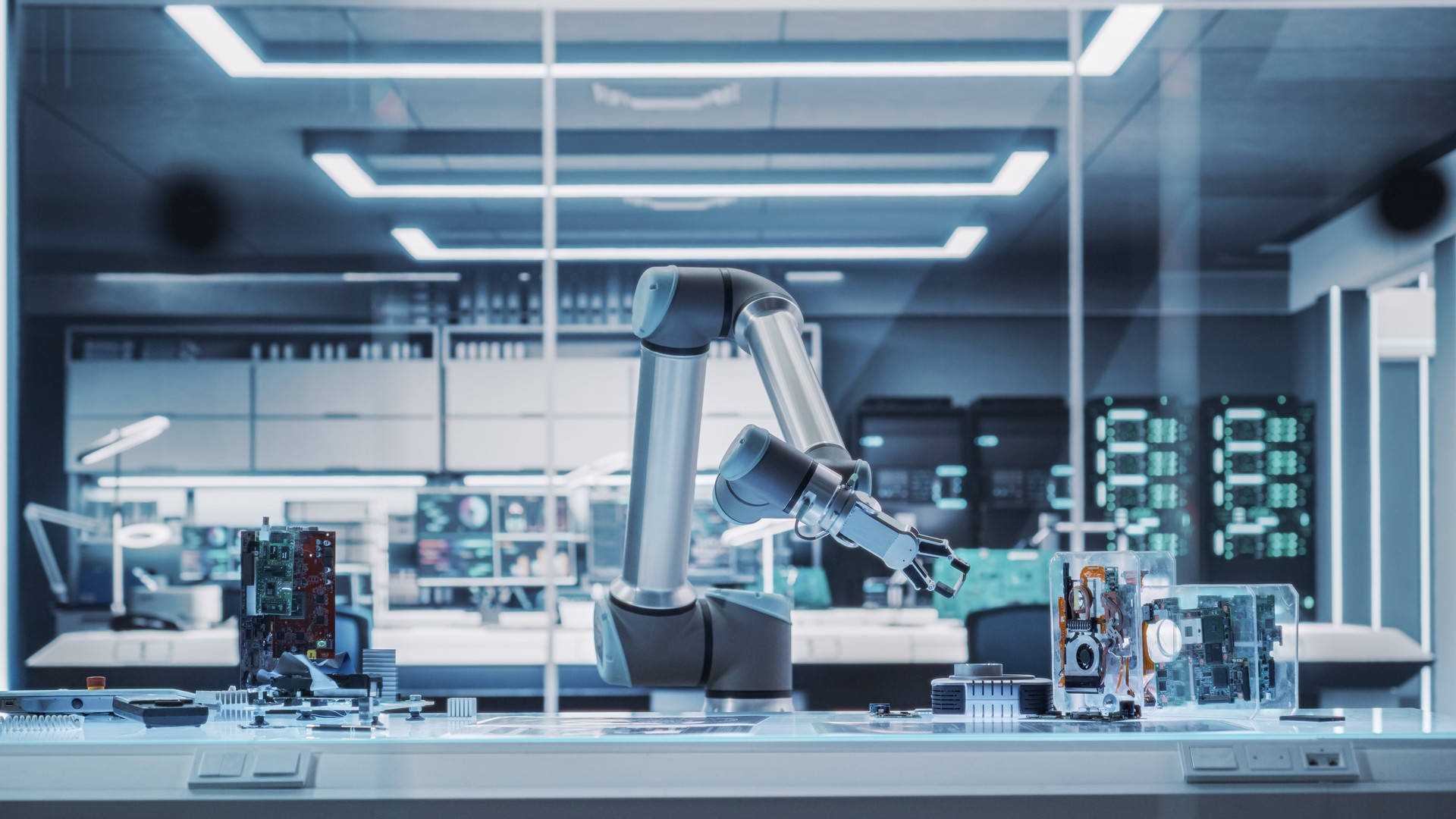 Industrial Programmable Robotic Arm in a Factory Development Workshop. Robot Arm Holding a Prototype Microchip. Tech Facility with Machines, Computers and Research Equipment. Photo Without People.